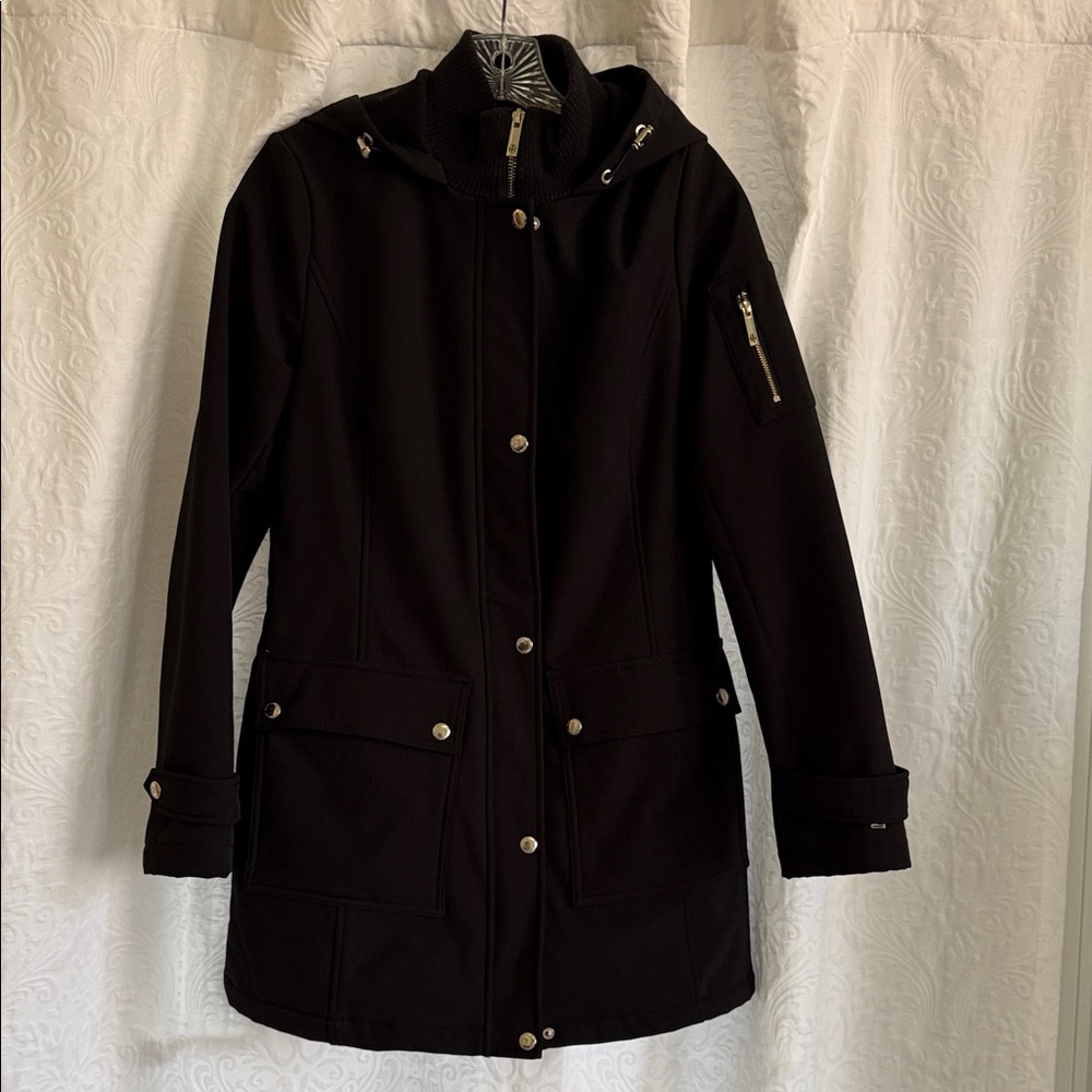Tommy Hilfiger Black Hooded Long Trench Coat